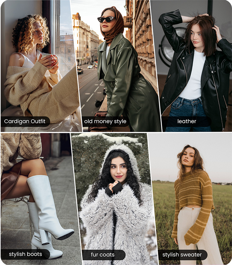 examples of how to dress for winter outfits including cardigan, leather, boots, fur coats and sweater